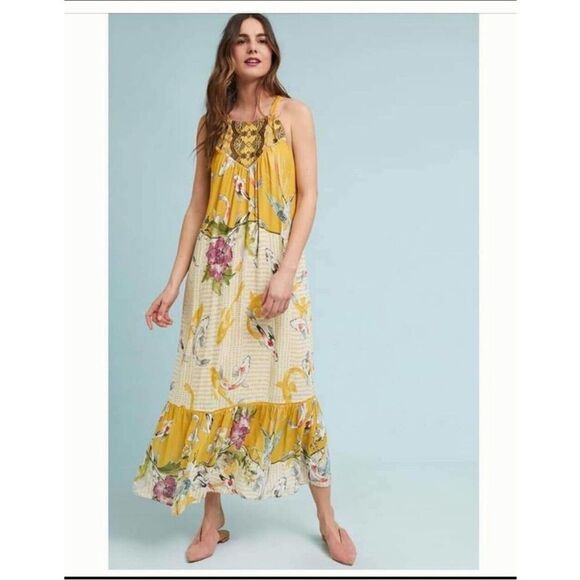 Anthropologie One September Paradiso Gold Koi Embroidery Ruffle Maxi Dress XS